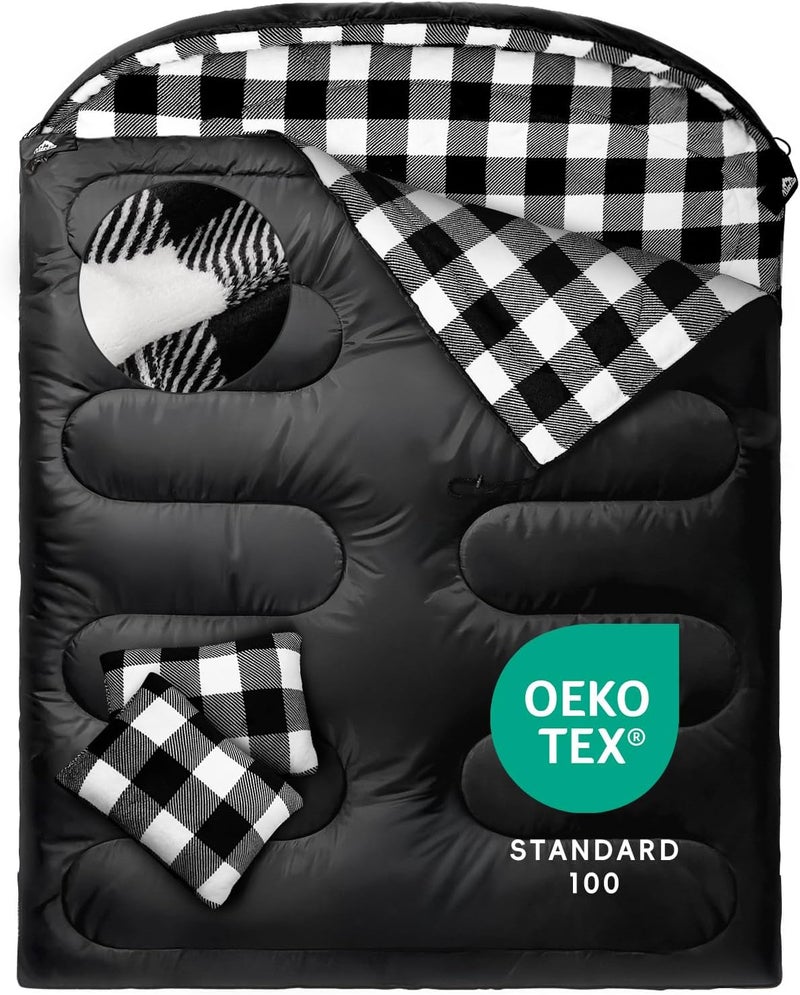 Mereza Flannel Double Sleeping Bag for Adults Cold Weather, XL Queen Size Sleeping Bag for All Season 2 Person Big and Tall Sleeping Bags for Camping 0 Degree with Pillow - Image 1